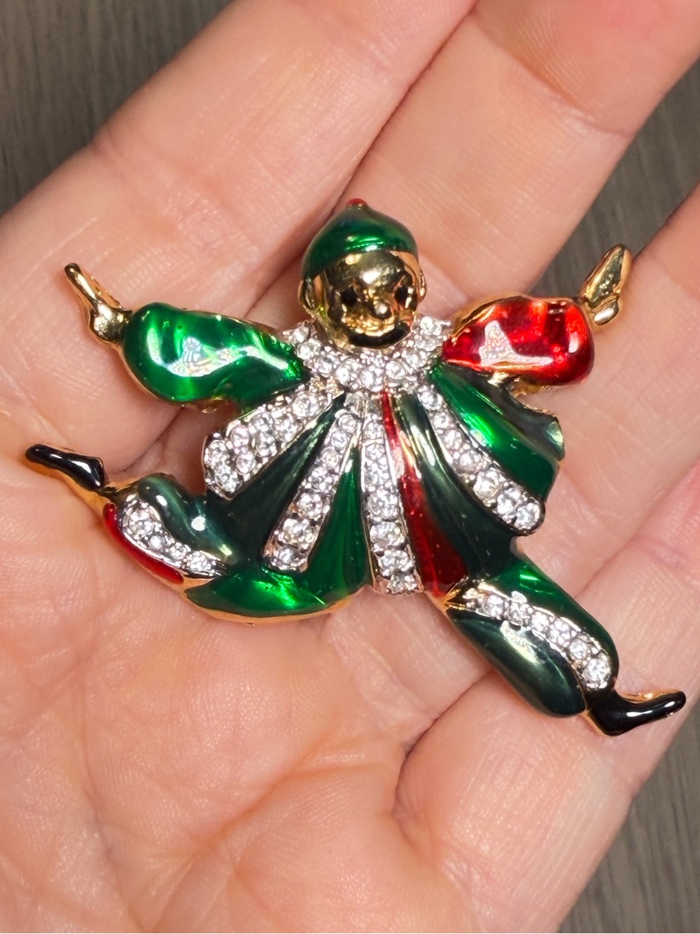 Puccini Clown Brooch Enamel Rhinestone Pin Signed Red Green Gold
